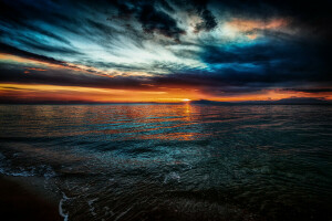 plage, horizon, le sable, mer, le coucher du soleil, vague