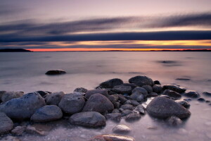 landskap, hav, stenar, solnedgång