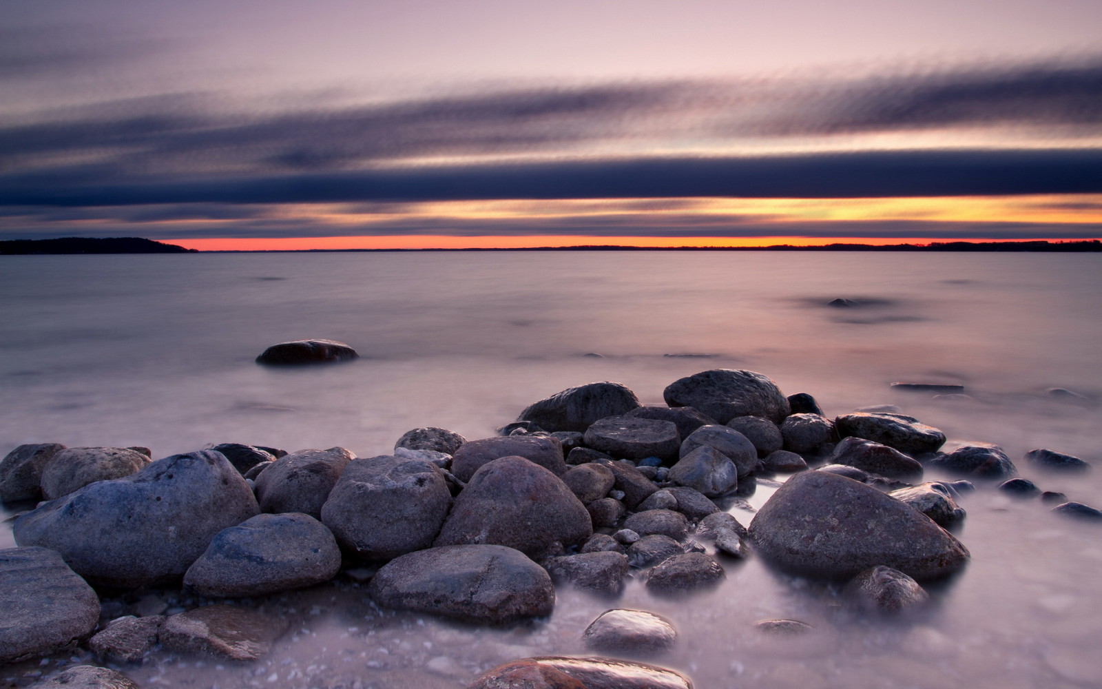 zonsondergang, landschap, stenen, zee