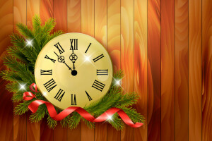 branches, holiday, Midnight, New Year, ribbon, time, Vector, watch