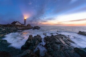 Farol, noite, mar