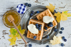 otoño, bayas, arándanos, desayuno, miel, helado, hojas, helado con frutas y nueces