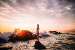 playa, BELLEZA, niña, destello, mar, el sol, ola