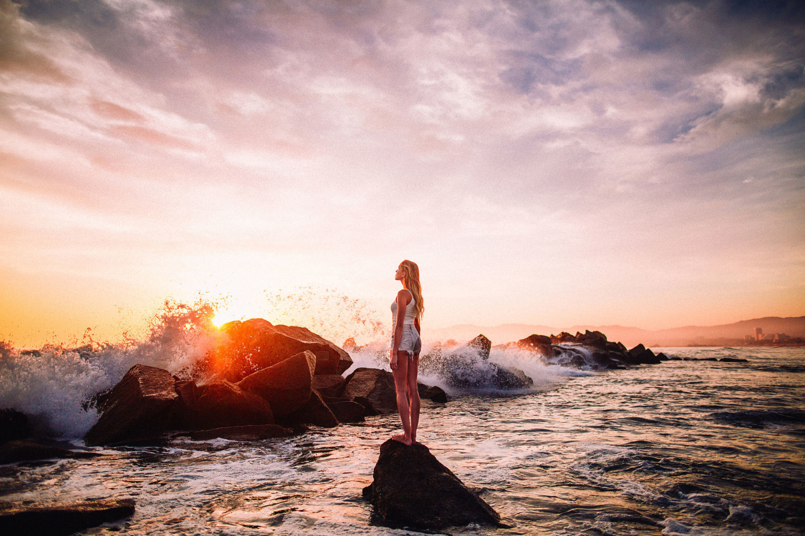 éblouissement, fille, BEAUTÉ, plage, mer, le soleil, vague