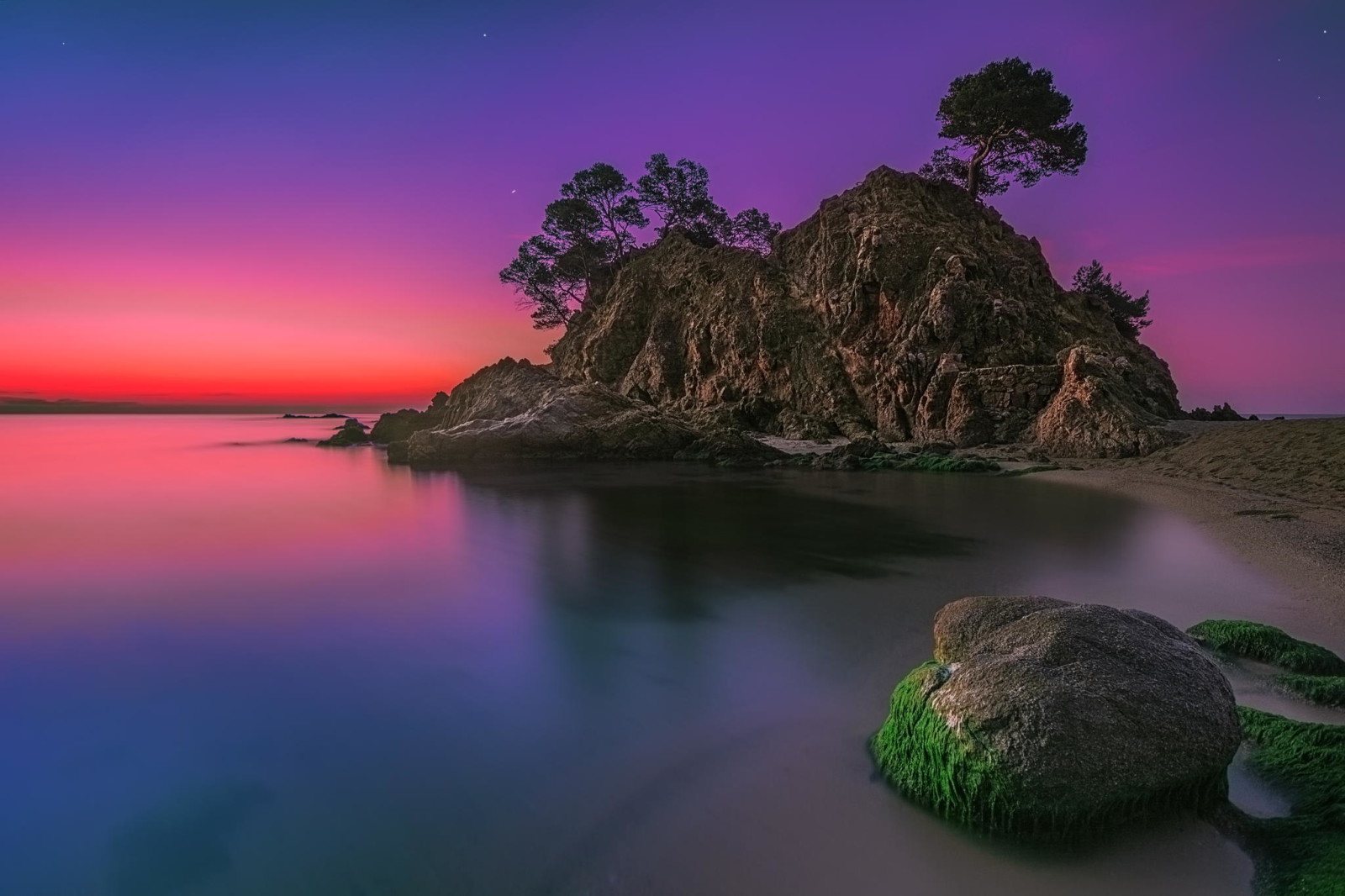 zonsondergang, landschap, strand, bomen, eiland, De oceaan, steen, rots