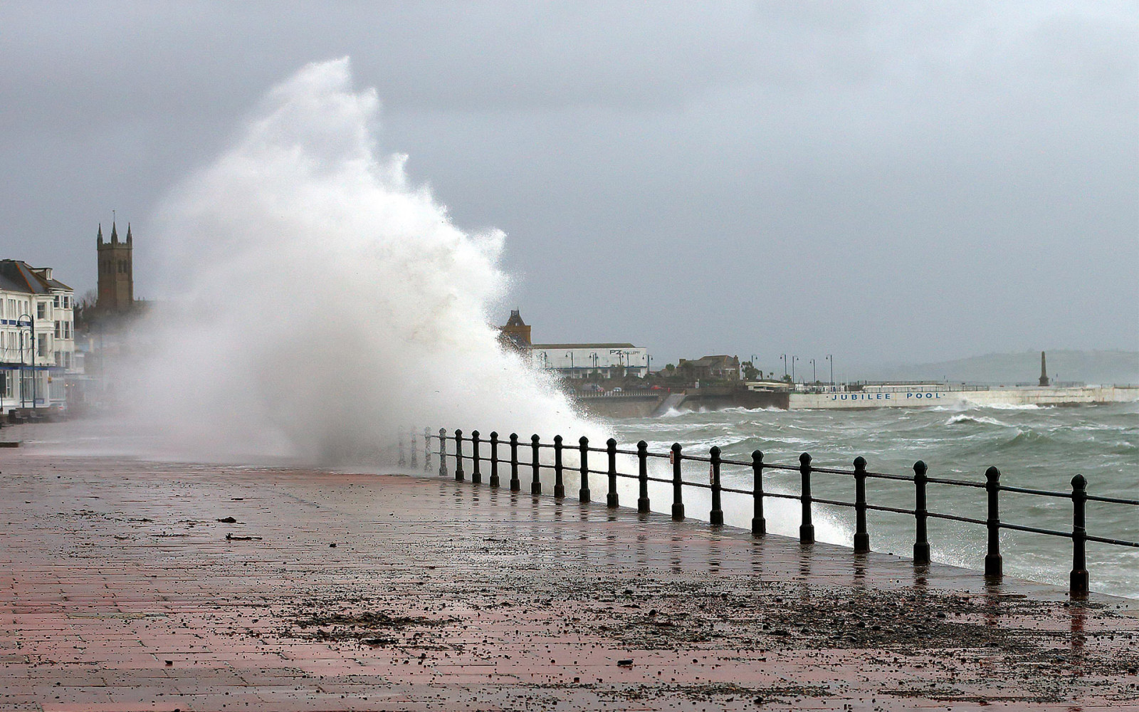 the city, sea, wave, storm, the fence