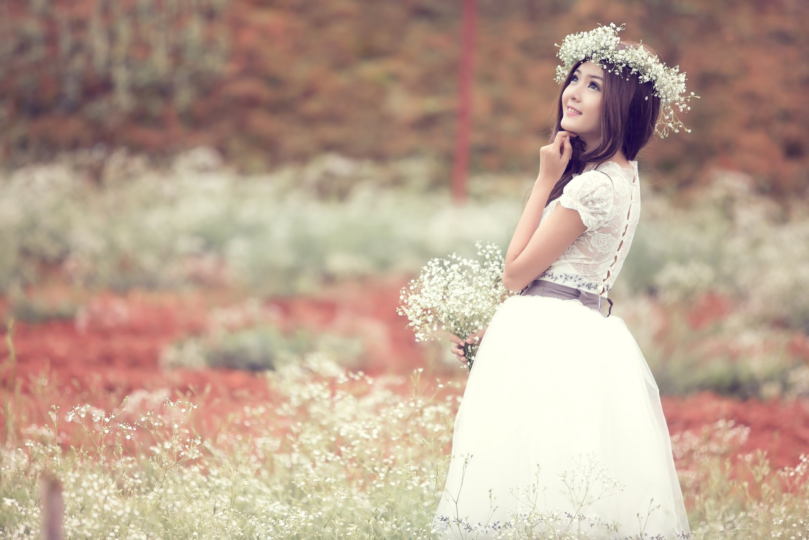 ambiance, fille, champ, fleurs, robe, asiatique, Rêves