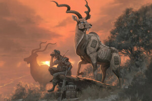 antelope, horns, robot, Soldiers, sunset, The kud