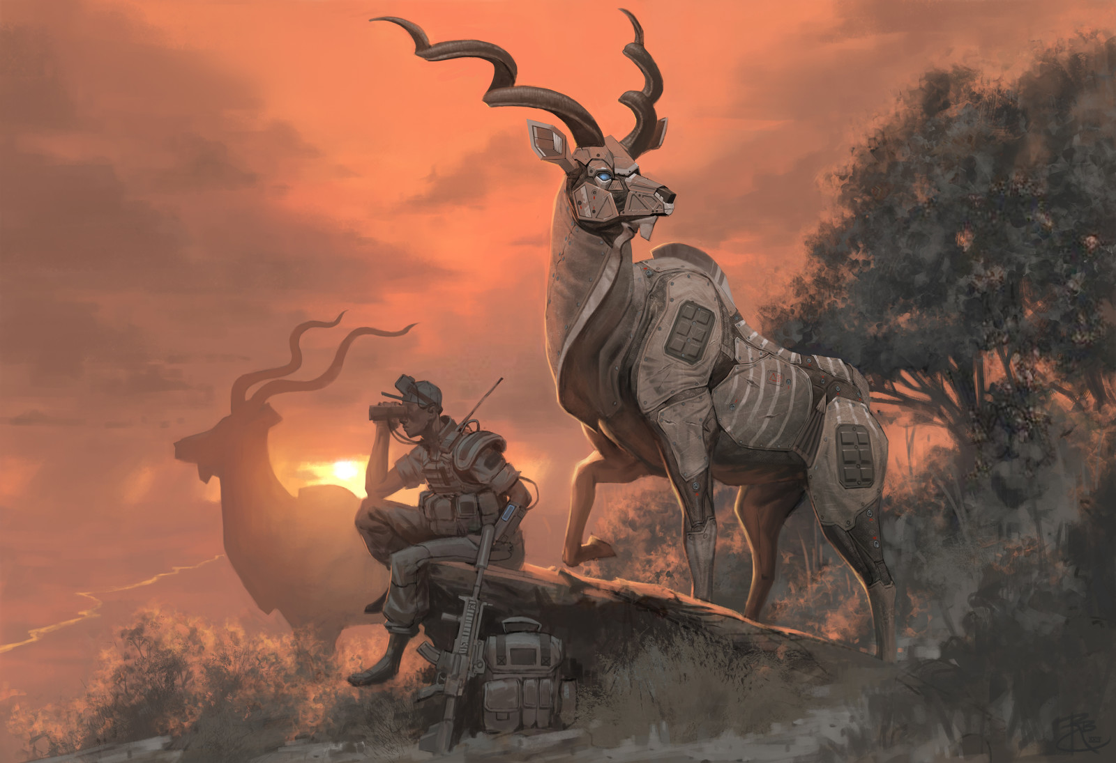 sunset, robot, horns, Soldiers, antelope, The kud