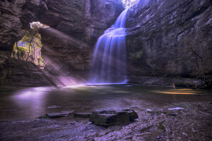 cave, rocks, stream, waterfall