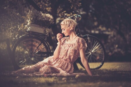 apple, beads, bike, blonde, foliage, girl, lawn, profile