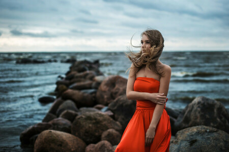 Alena, dress, Female, Gorgeous, hair, light, model, ocean