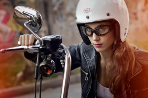 face, girl, glasses, hair, helmet, leather jacket, look