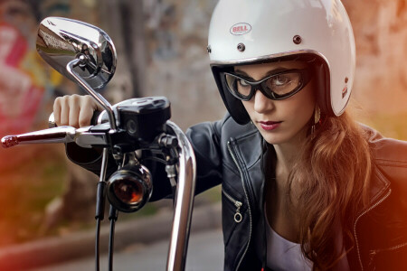 cara, niña, lentes, pelo, casco, chaqueta de cuero, Mira