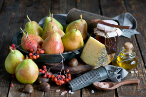 Anna Verdina, cheese, fruit, honey, jar, oil, pear, Still life