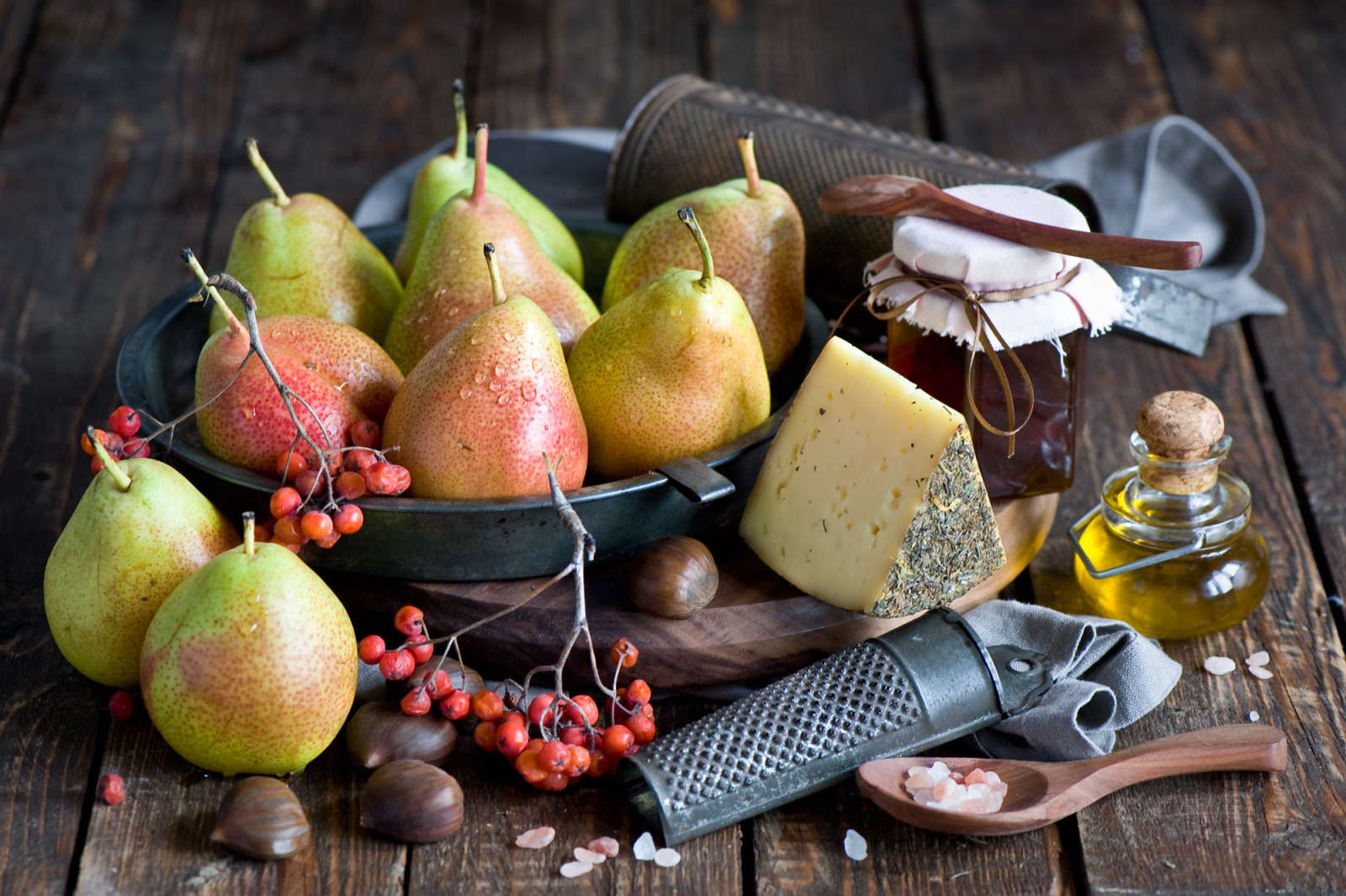 Still life, cheese, oil, honey, fruit, pear, Anna Verdina, jar