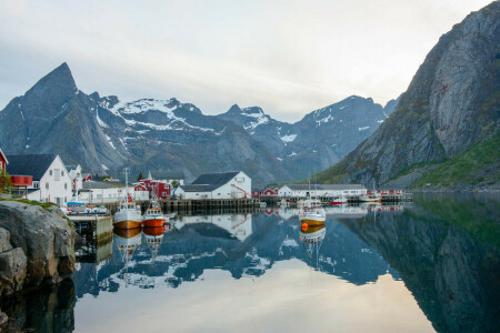 boats, home, mountains, pier, river, sailboats