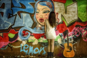 niña, grafiti, guitarra, pared