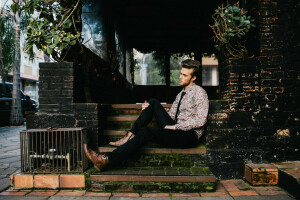 abandoned, beard, building, dress shirt, eyes, Man, pants, plants