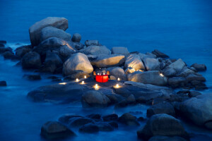 velas, luces, romance, piedras, mesa, la noche, El océano