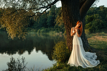 beautiful, dress, girl, hair, Hope Niyazova, lake, tree, water