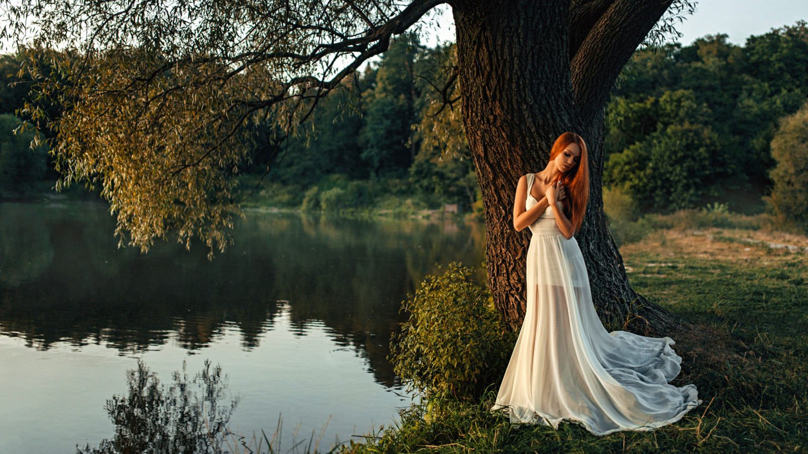 albero, lago, ragazza, bianca, acqua, bellissimo, capelli, vestito