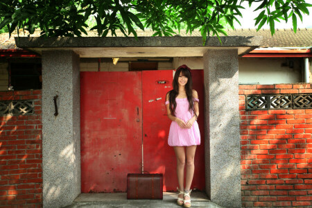 dress, face, girl, hair, legs, smile, suitcase, summer