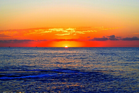 boats, clouds, horizon, orange sky, sea, Sunrise