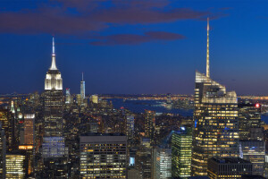 épület, Manhattan, New York, New York City, éjszakai város, panoráma, felhőkarcoló