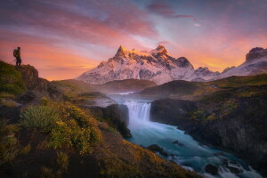 dawn, landscape, Mountain, river