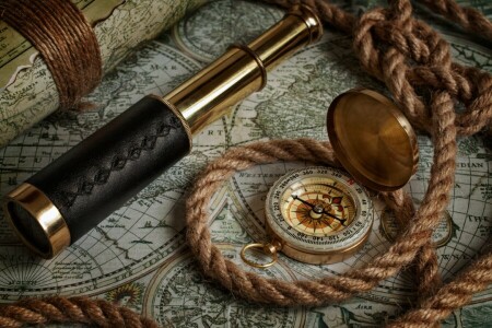 boussole, Carte, outils de navigation nautique, vieilles cartes, corde, spyglass, télescope