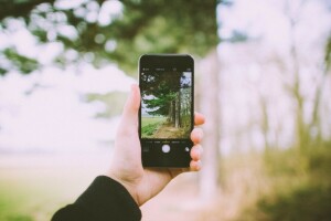 bokeh, hand, iphone, landskap, Foto