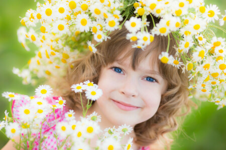 de ojos azules, niño, flores, niña, sonrisa, guirnalda