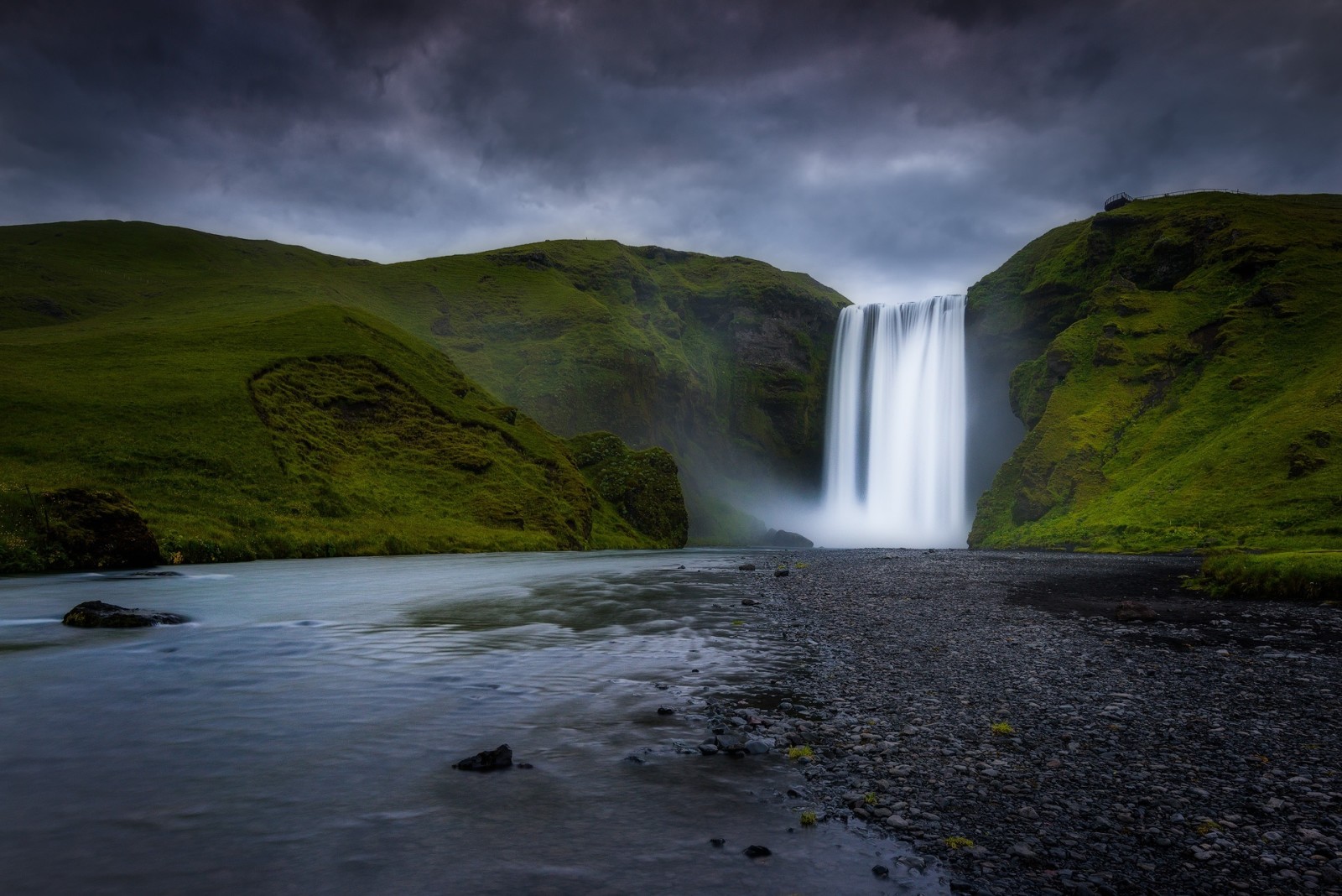 río, cascada, montañas, Islandia, Skogarfoss