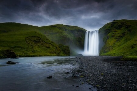 Iceland, mountains, river, Skogarfoss, waterfall