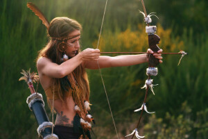 Flecha, antecedentes, arco, cara, plumas, niña, pintar