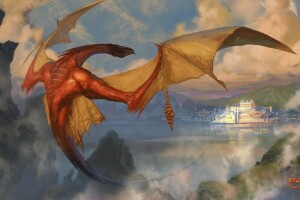 art, clouds, dragon, Erebor, mountains, Smaug, the city? lake