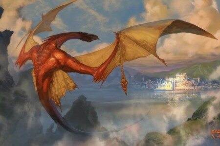 art, des nuages, dragon, Erebor, montagnes, Smaug, la ville? Lac