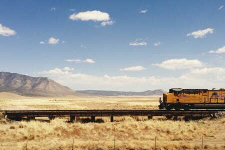 clouds, field, hills, Railway, sky, summer, Sunny, train