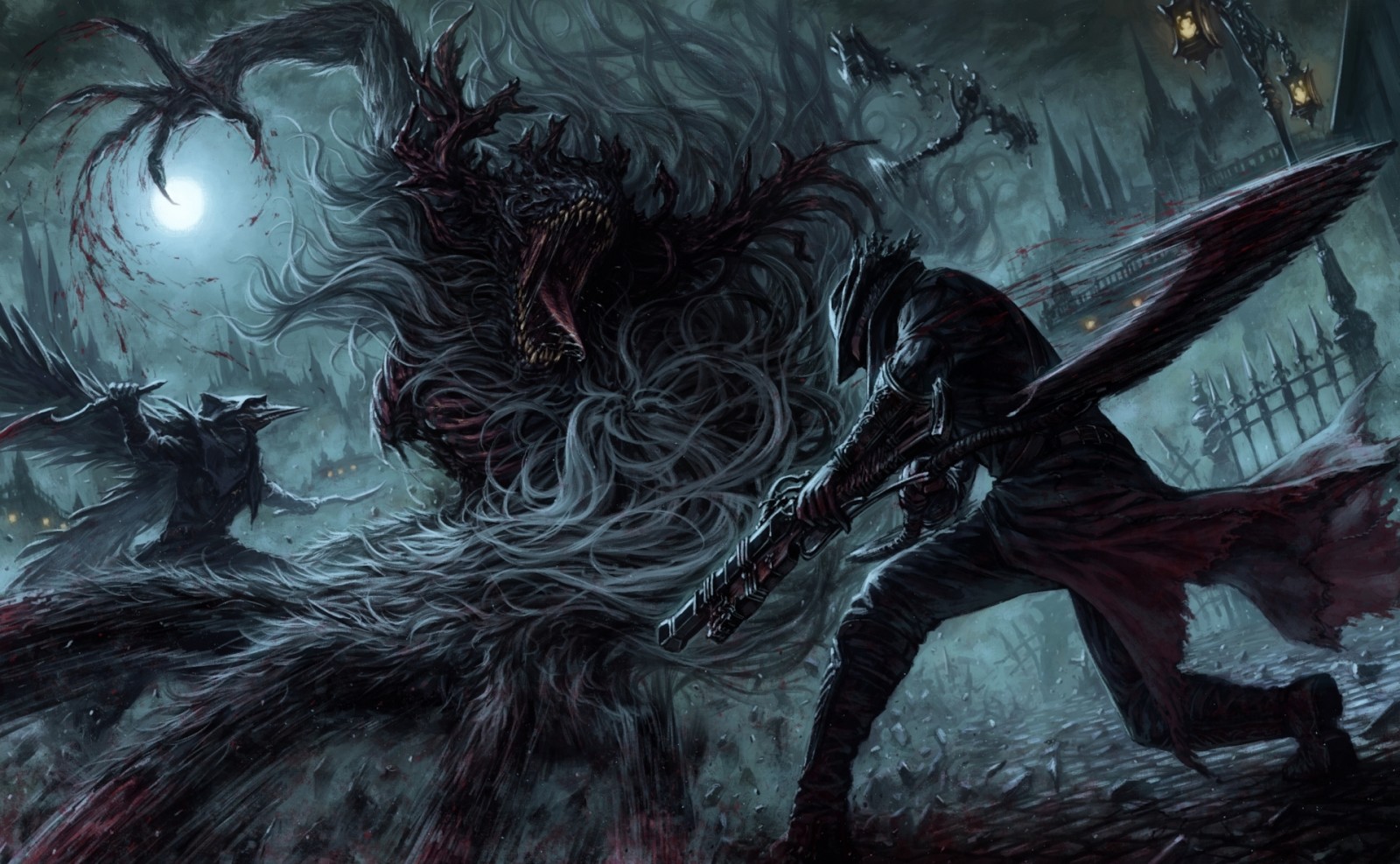 art, night, The moon, monster, weapons, male, blood, Bloodborne