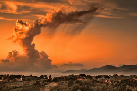 nuvens, casa, Itália, montanhas, a noite, o céu, Toscana