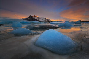 hielo, lago, noche