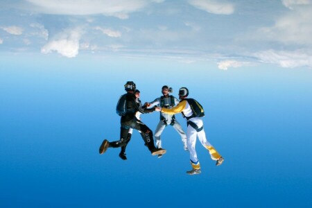 camera, group, headdown, helmet, Parachute, parachuting, skydivers