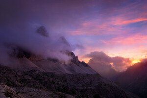 nuvens, alvorecer, montanhas, natureza