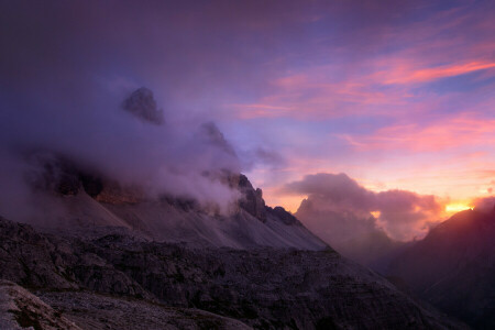 nuvens, alvorecer, montanhas, natureza