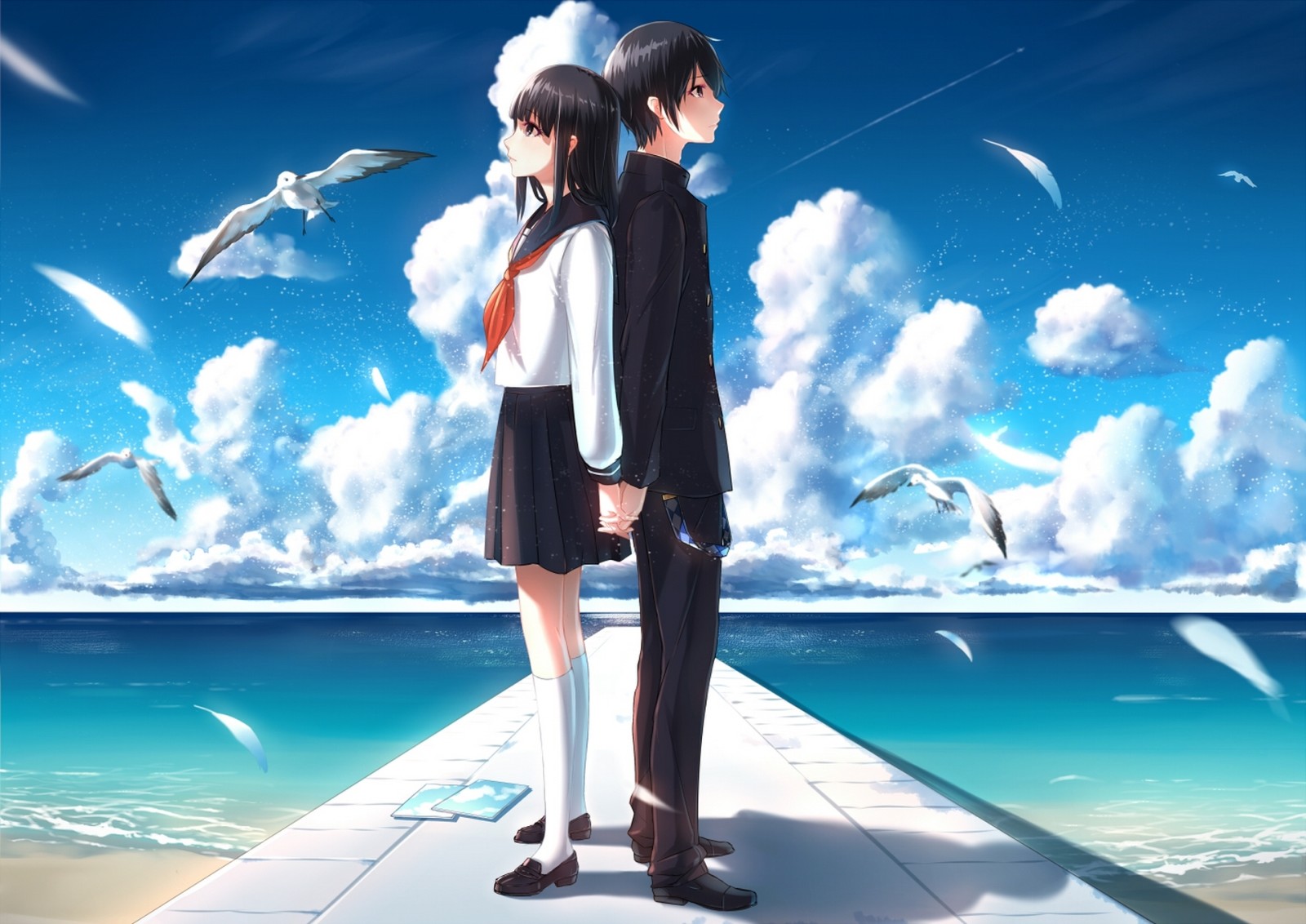 himmelen, flicka, konst, moln, Havet, anime, seagulls, kille