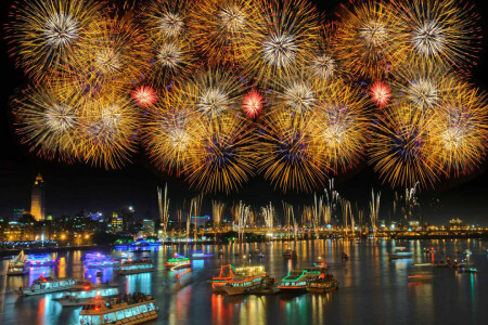 fogos de artifício, Porto, Ano Novo, saudação, navios, Taipei, Taiwan