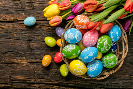 colorful, Easter, eggs, flowers, happy, holiday, spring, tulips