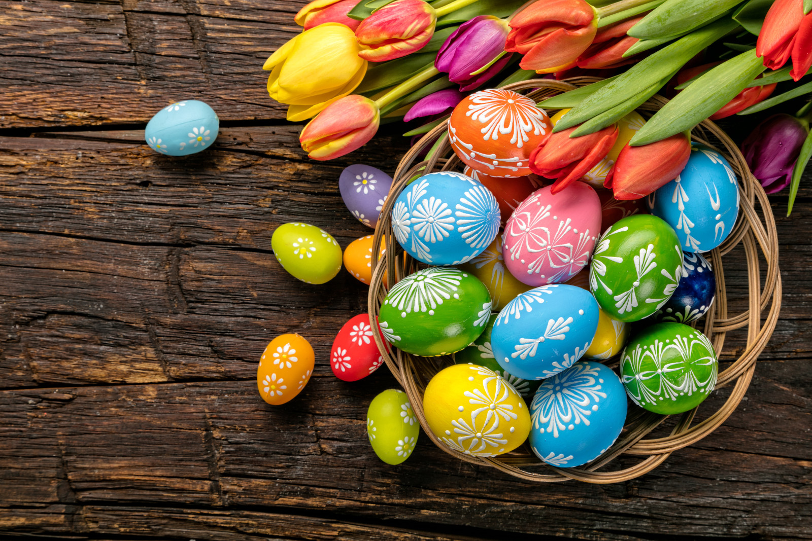 wood, holiday, eggs, happy, flowers, spring, tulips, colorful