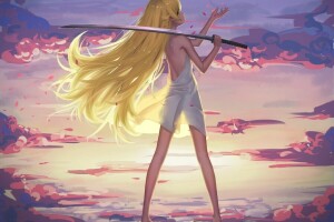 anime, art, Bakemonogatari, des nuages, fille, Histoire des monstres, katana, maredoro